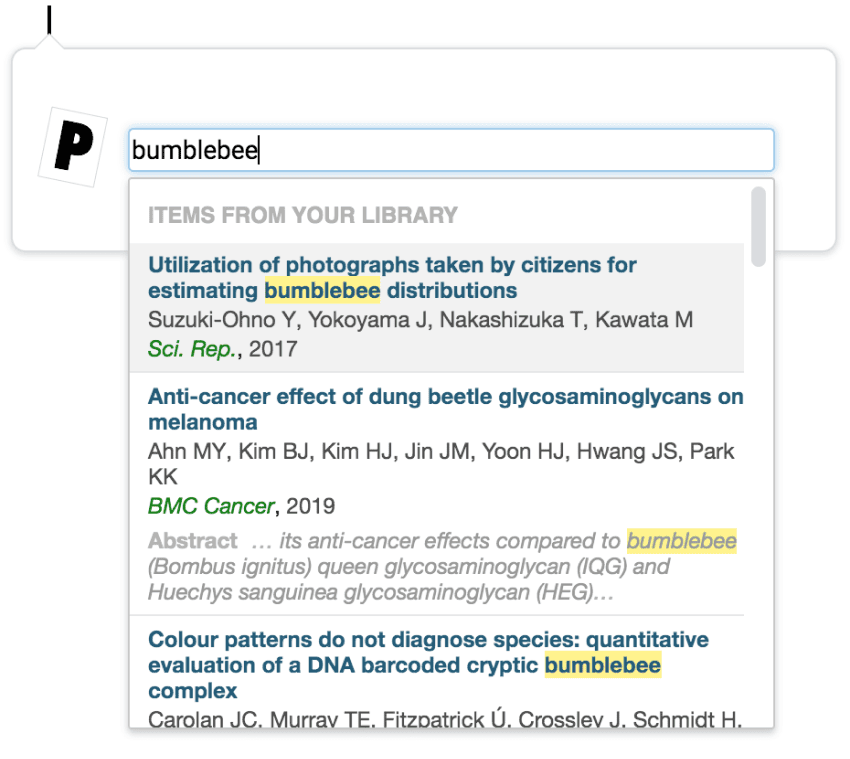 The citation window with “bumblebee” typed, listing matching items from the library under “Items from your library” with the search term highlighted in titles and abstracts.